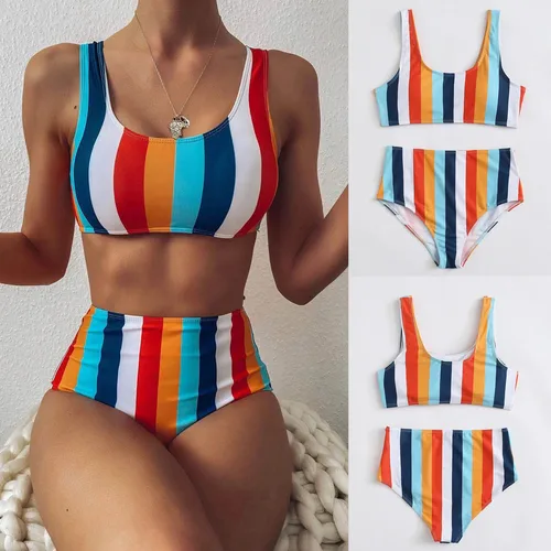 Imagen 1 del producto Bañador Sexy a rayas para mujer, conjunto de Bikini de cintura alta con Push-Up y cuello Halter, traje de baño de dos piezas con estampado calado, 2025