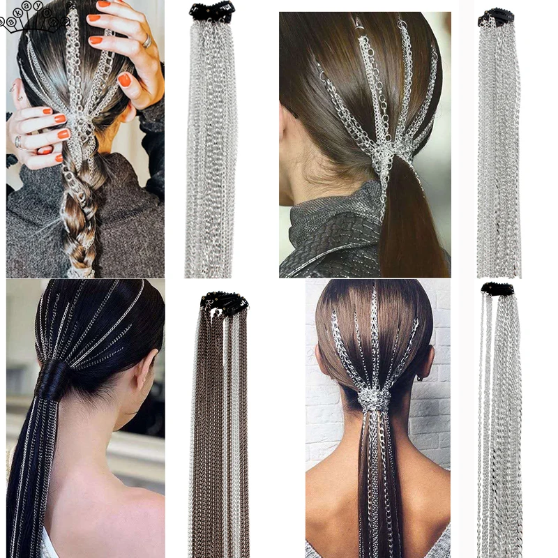 Bohemian Silver color Hair Extensions Clip Multi strand Long Tassel Chain Bridal Wedding Hair Accessories Headwear