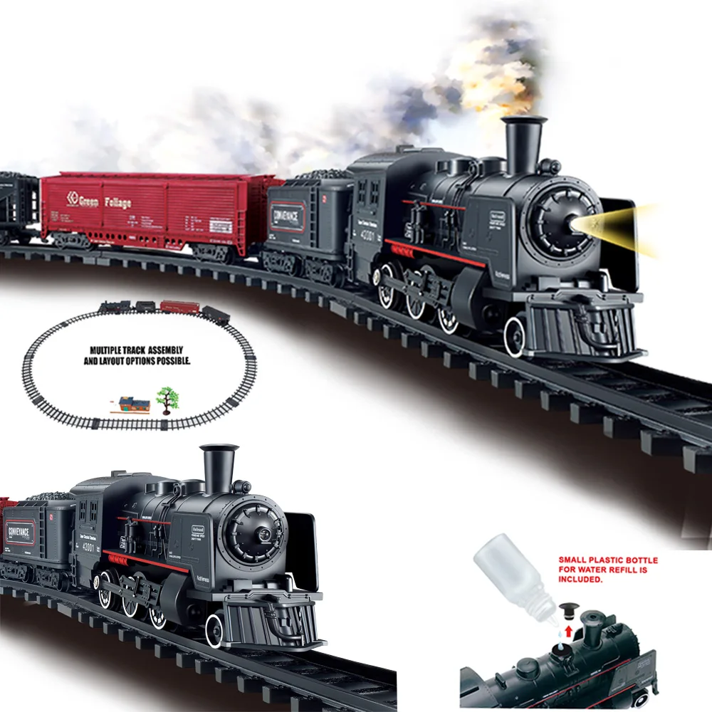 B/O Railway Classical Freight Train Set Passenger Water Steam Locomotive Playset with Smoke Simulation Model Electric Train Toys