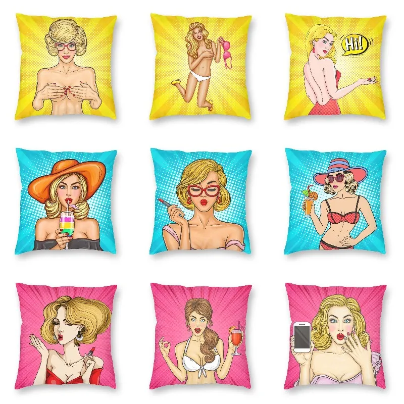 Pop Art Kartun Wanita Telanjang Seksi Sarung Bantal 40X40Cm Dekorasi Rumah Cetak Mode Wanita Perempuan Lempar Sarung Bantal untuk Sofa Ruang Tamu