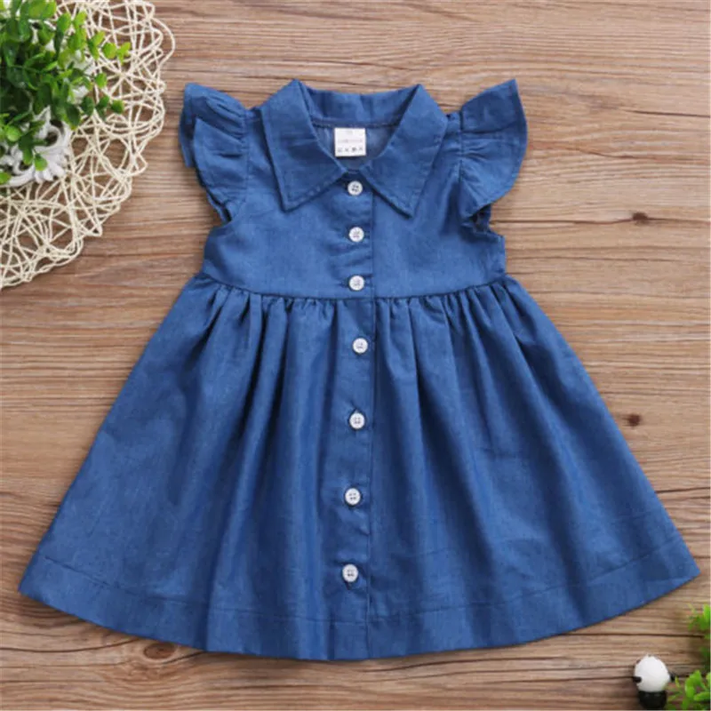 Fashion Baby Girls Dress Toddler Kids Denim Blue Dresses Summer Cute Fly Sleeve Sundress Party Kids Wear Kid\'s Clothing