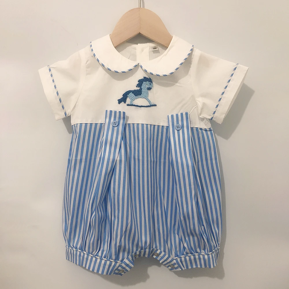 Summer Baby Boutique Clothes Coverrall Boys Short Sleeve Striped Romper Horse Hand Embroidered Cotton Jumpsuit Cute For 9m-36m