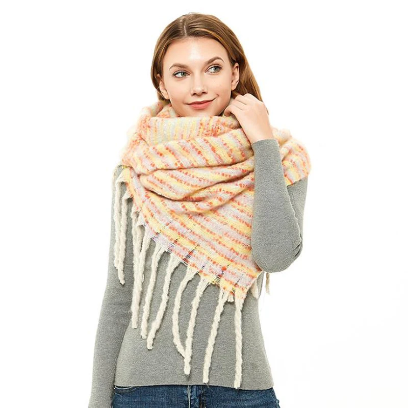 

2020 New Winter Autumn Warm Scarf Striped Knitted Pashmina Thick Tassels Female Office Out Door Winddproof Girl Shawl Wrap