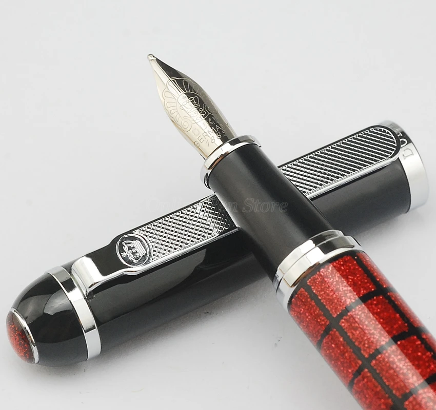 Duke Starlight Glitter Grid Pattern Metal Fountain Pen Medium Nib Red Jewels On Top Professional Stationery Writing Tool Gift