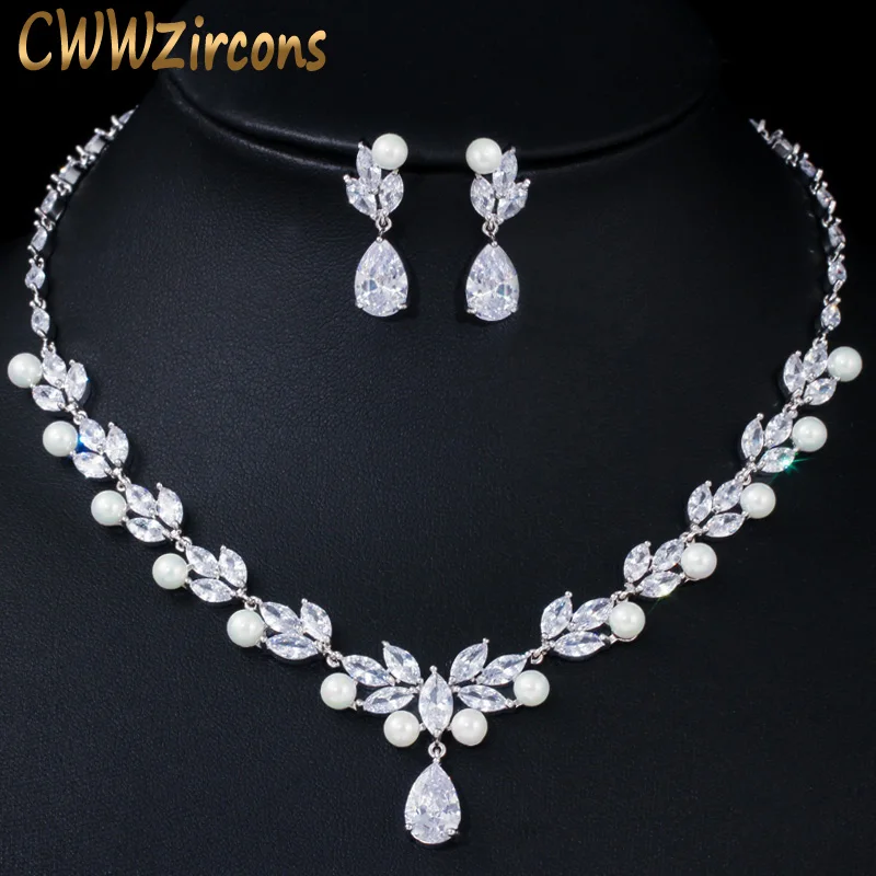 CWWZircons Elegant Dangle Drop Cubic Zirconia Leaf Flower Big Pearl Necklace Earrings Bridal Wedding Jewelry Sets for Women T362