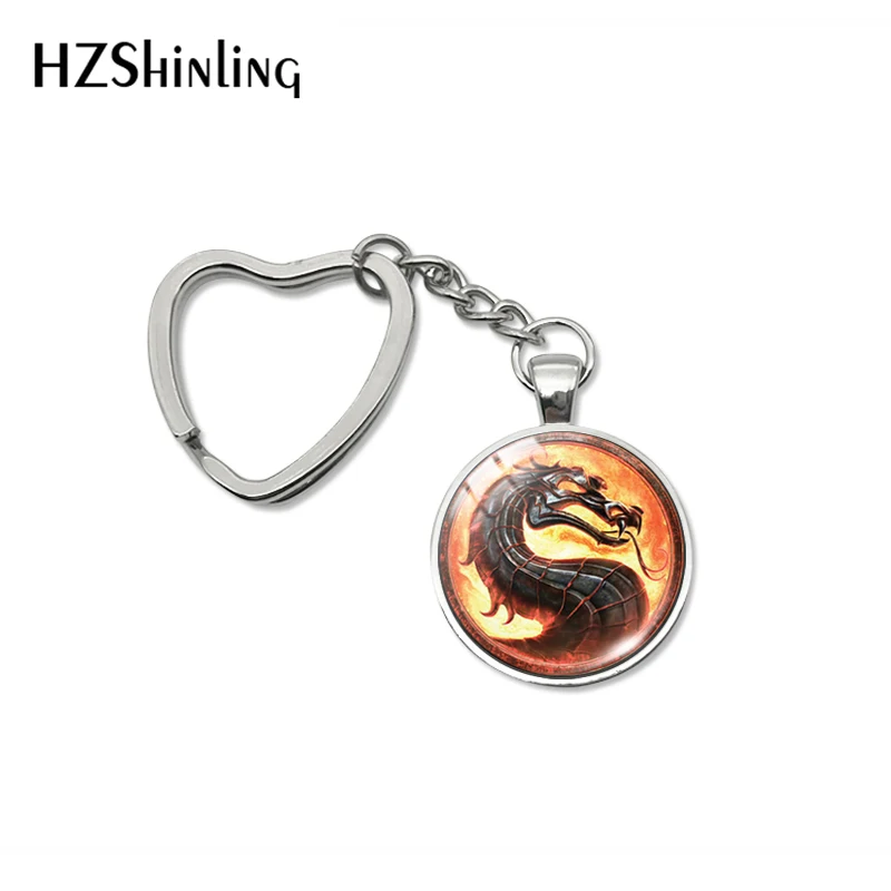 Llavero con forma de corazón de dragón para hombre y mujer, joyería hecha a mano con cabujón de cristal Mortal Kombat, bolso de joyería, regalos, novedad de 2019