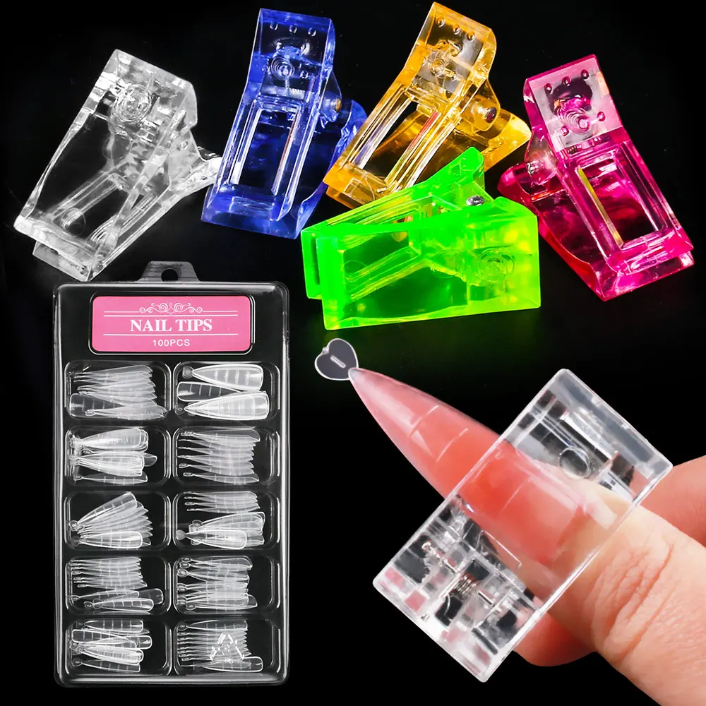 

1 Set Bulid Nail Gels Tools 100 Pcs Poly Nail Gel Quick Building Mold Tips 5Pcs Nail Tips Clips For Quickly Extend Nails