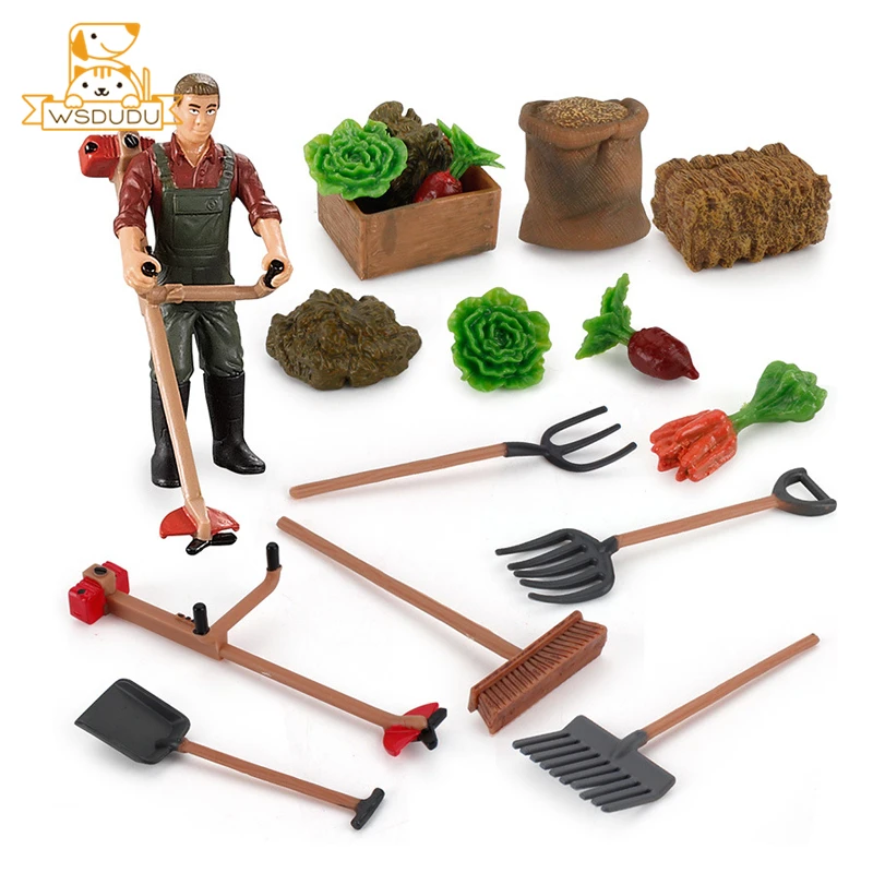 Farm Set Kid Toy Fork Shovel Rake Vegetable Model Action Figure Mini Scene Farmer Man Figurine Garden Decor Play Game Adult Gift