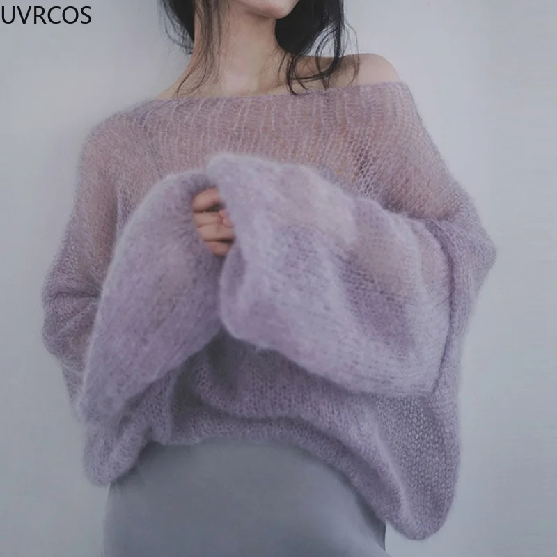 Blusas de malha feminina casual fino sólido mohair fino oco pullovers slash pescoço solto sweatshirt doce elegante roupas coreanas