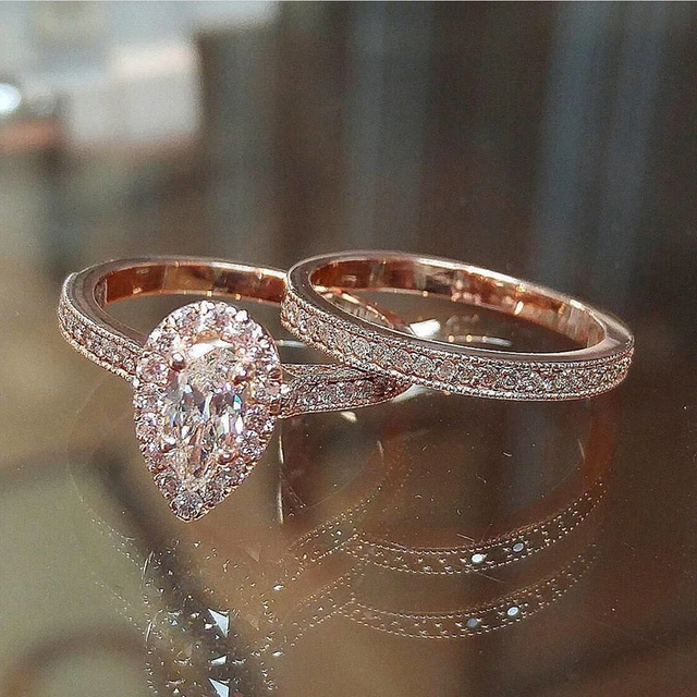 Eternity Ring Set elegant Rose Gold Cubic Zirconia Bridal Ring Set Prong set Wedding Band
