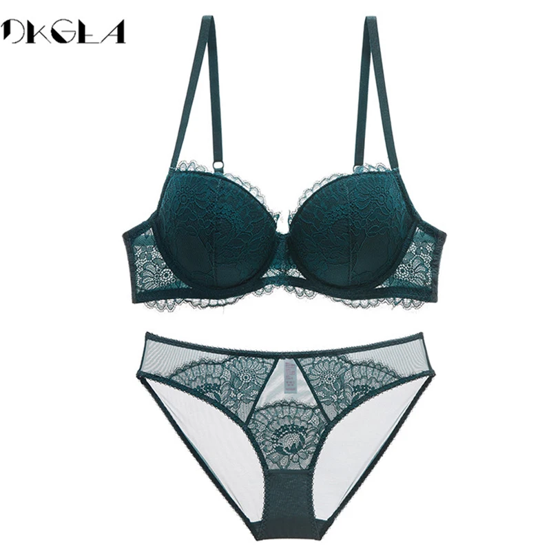 New Fashion Thin Cotton Underwear Set Women Embroidery Brassiere Sexy Bra Panties Set Plus Size D E Cup Lace Lingerie Set Green