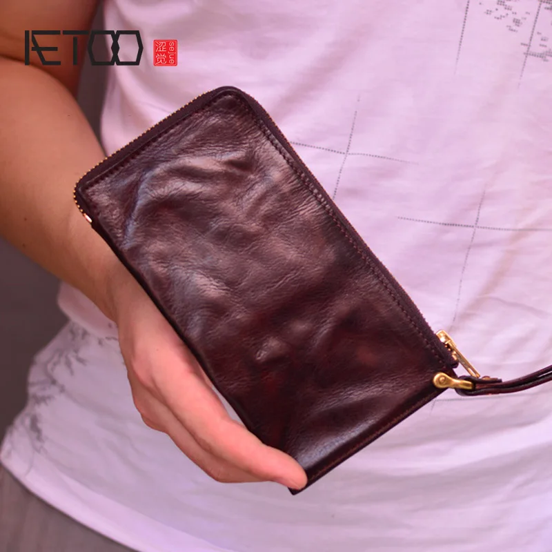 AETOO Soft leather thin men's wallet, handmade leather retro casual wallet, fold trendy men's clutch