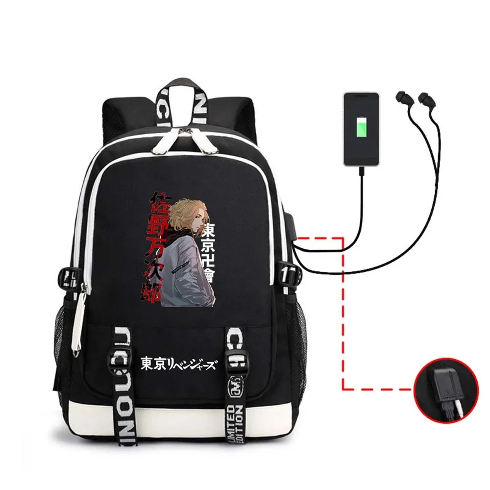 Tokyo Revengers Ransel Cetak Anime USB Hitam Komputer Pria Wanita Travel Daypack Tas Buku Sekolah Siswa Tas Bahu Kasual