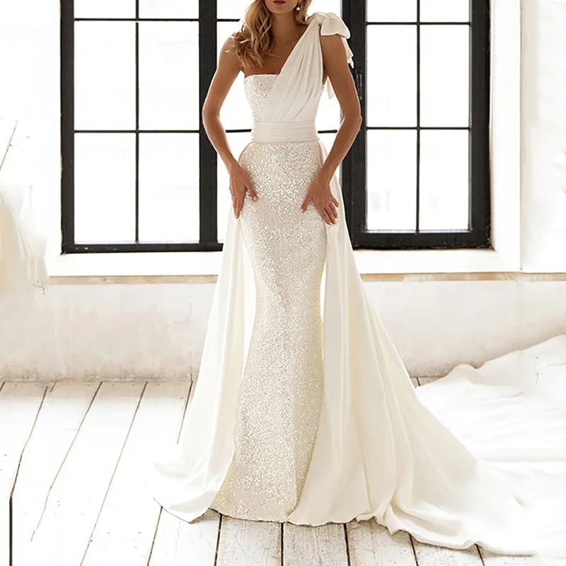 Party Dresses Women Evening Elegant Zipper Back Bridal Gown Dress Sexy One Shoulder Sleeveless Long Luxury Sequin White Dress