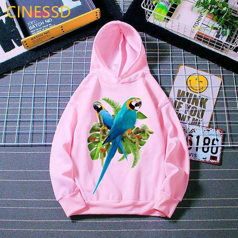 Floral Cockatiel parrot Toucan bird print sweatshirt for children winter kids hoodie pink white yellow boy hoody girl streetwear