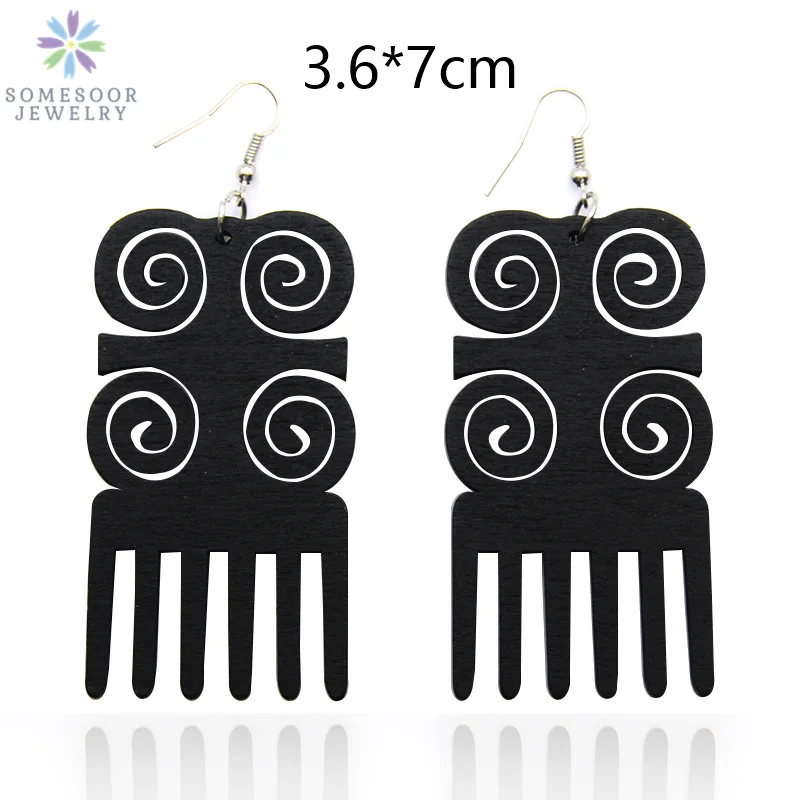 SOMESOOR Engraved Colorful Comb Wooden Drop Earrings Afrocentric Ethnic Style Wood Carved Loops Dangle Jewelry For Women Gifts