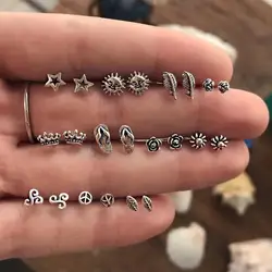 Juego de 11 pares de pendientes pequeños de tuerca para mujer y niña, sandalias de hojas de playa, juego de pendientes de metal para el sol, regalo de joyería Bohemia