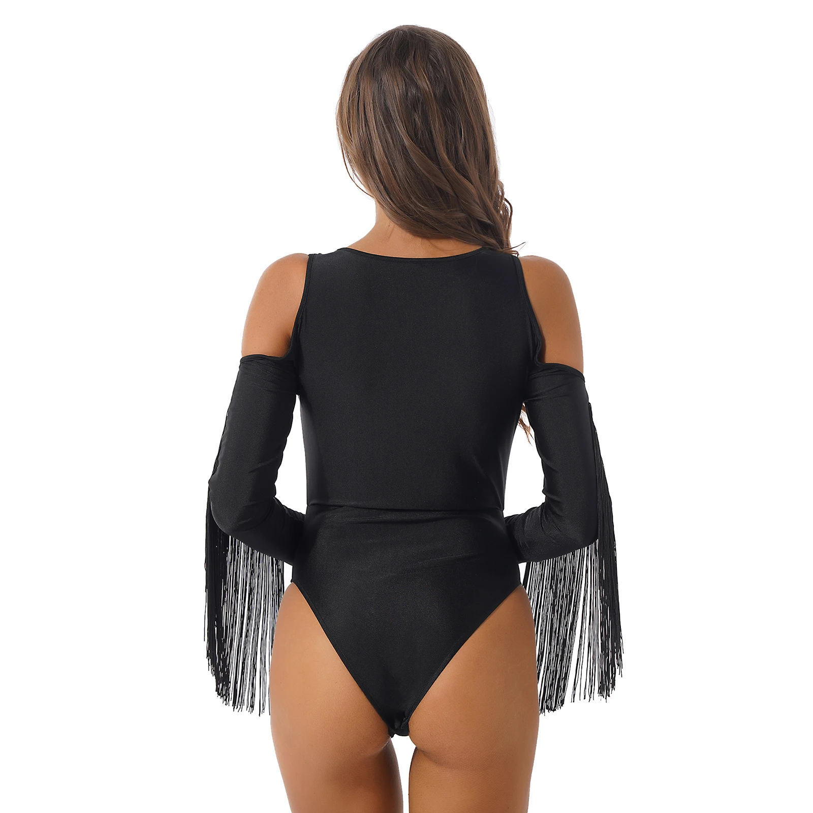 Womens Latin Ballroom Moderne Dans Professionele Turnpakje Fringe Lange Mouwen Sheer Mesh Jumpsuit Bodysuit Top Dancewear