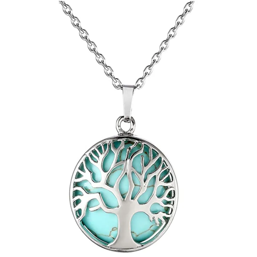 

FYSL Silver Plated Tree of Life Green Aventurine Round Pendant Link Chain Necklace Turquoises Stone Jewelry