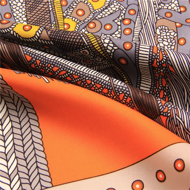 Manuelle Hand Gerollt Twill Seide Schal Frauen Sattel Druck Platz Schals Wraps Echarpe Seide Foulards Femme Bandana Dame Hijab 90CM – Detail 7