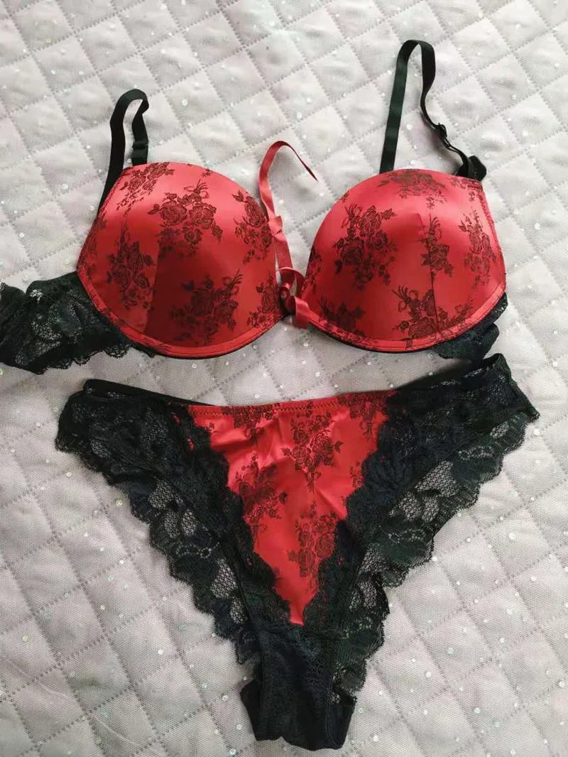 Luxury Satin Bra Set Floral Print Lace Underwear Women\'s Ladies Lingerie with See Through Bikini Panties Sexy Lace Plus Size