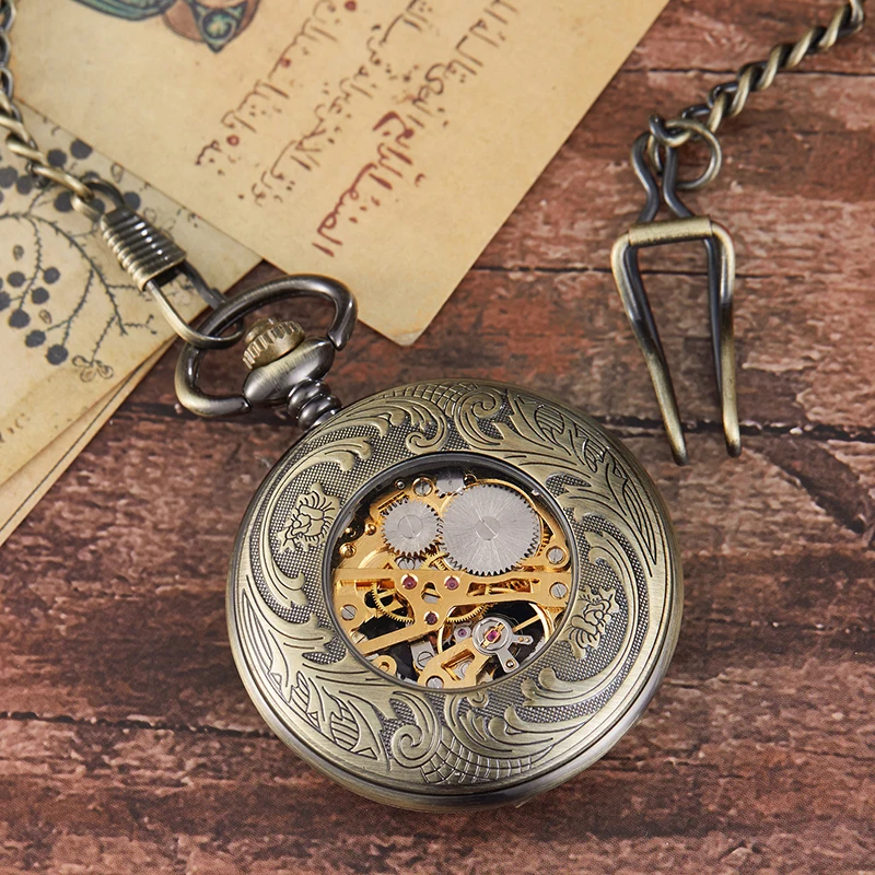 Fashion Unique Design Steampunk Skeleton Mechanical Pocket Watch Men Antique Luxury Brand Necklace Pocket & Fob Watches Chain Ma