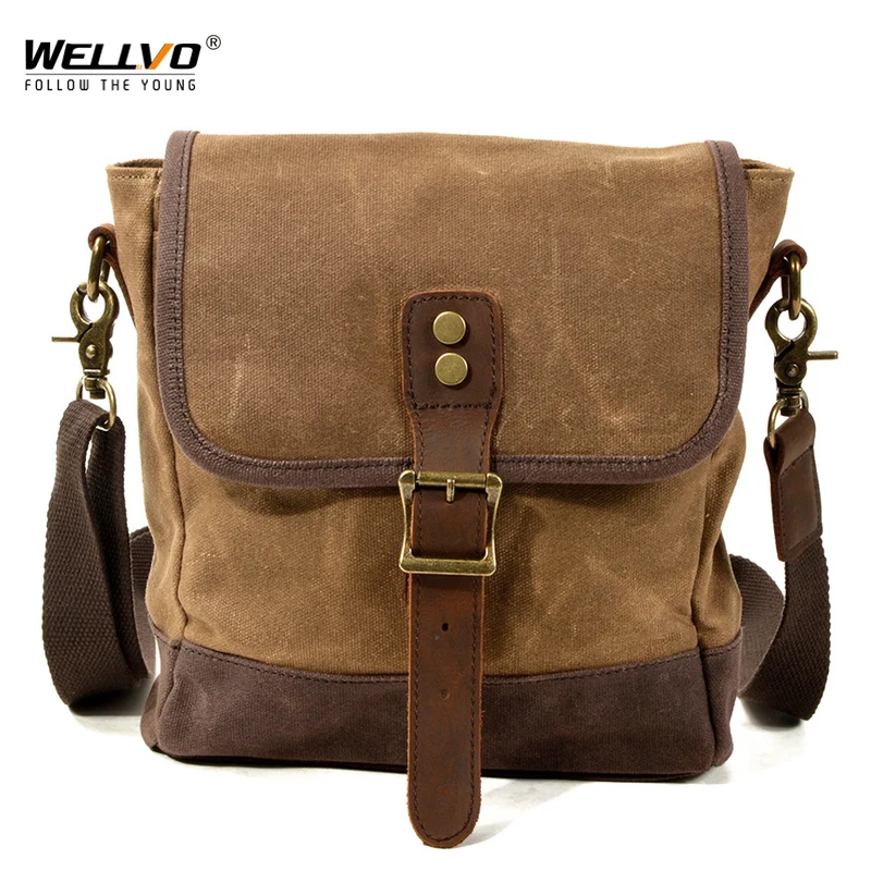 Men Casual Crossbody Bag Male Oil Wax Canvas Leather Flap Bags Vintage Patchwork Shoulder Bag Daily Small Messenger Bags XA748ZC