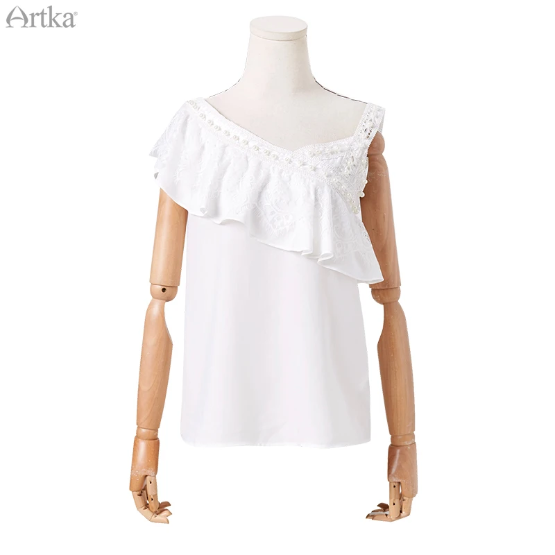 Artka 2020 Lente Zomer Nieuwe Vrouwen Blouse Elegante Ruches Kant Skew Kraag Tank Top Shirt Fashion Bead Ontwerp Top Shirts BA25004X