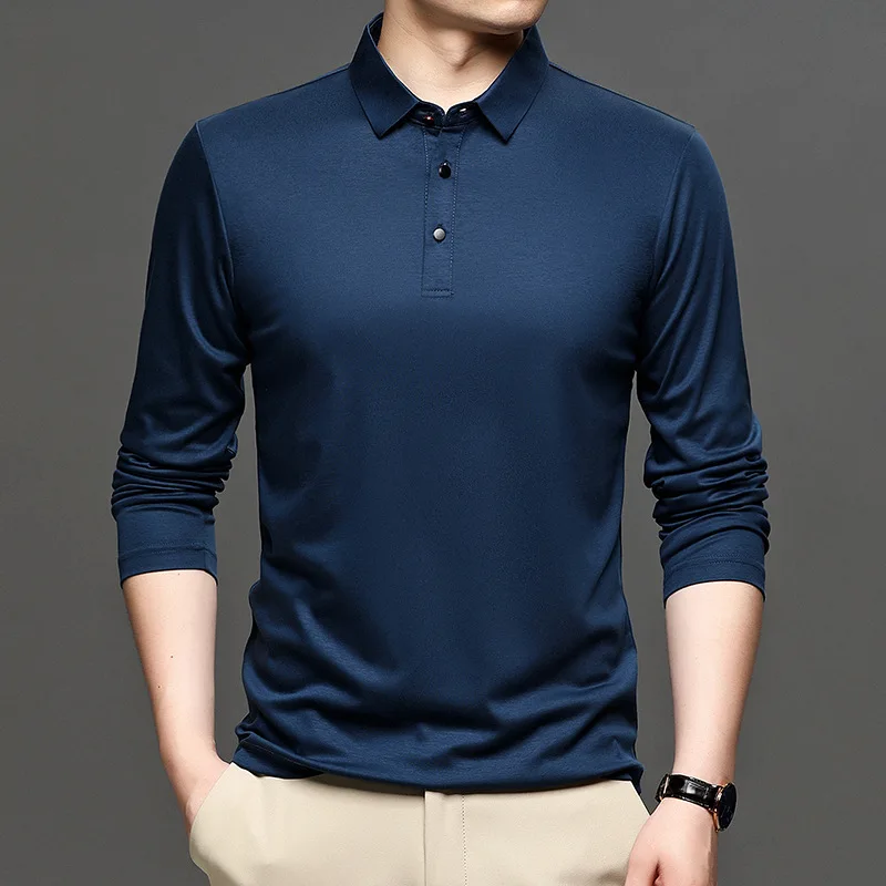 Mercerized Cotton Long-sleeve Polo Shirt Men Brand Button Gray Poloshirt Man Slim Fit Autumn Quality Tops Plus Size Breathable