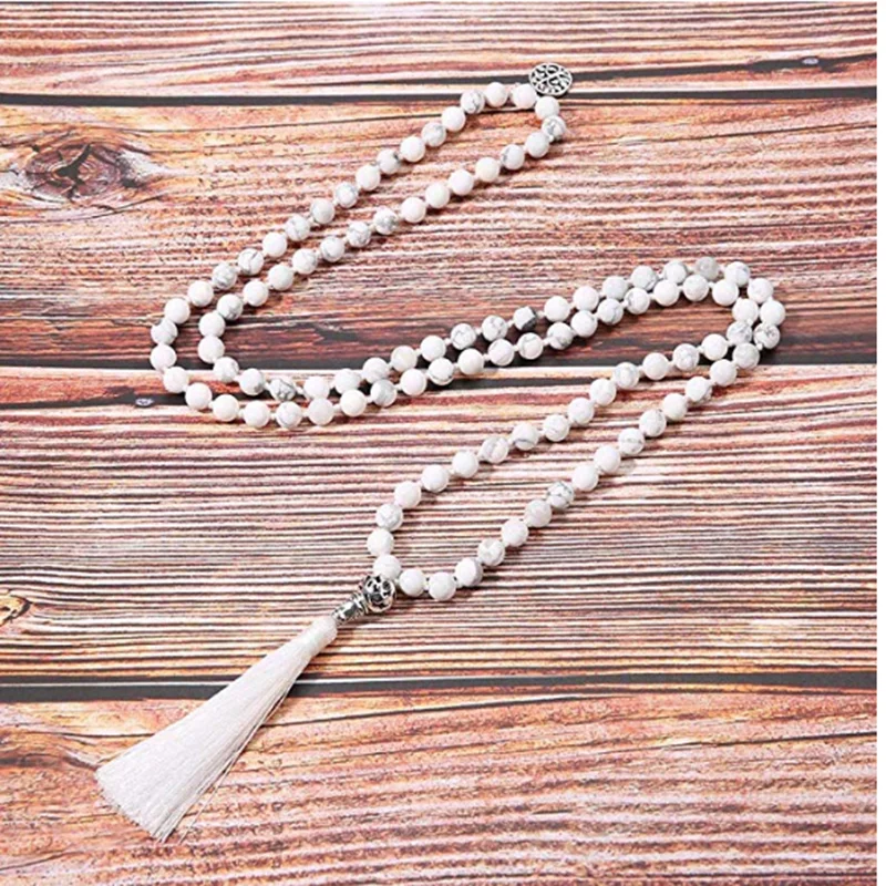 8mm Natural White Howlite Japamala Necklace 108 Mala Beaded Knotted Yoga Meditation Spiritual Jewelry with Tassel Pendant