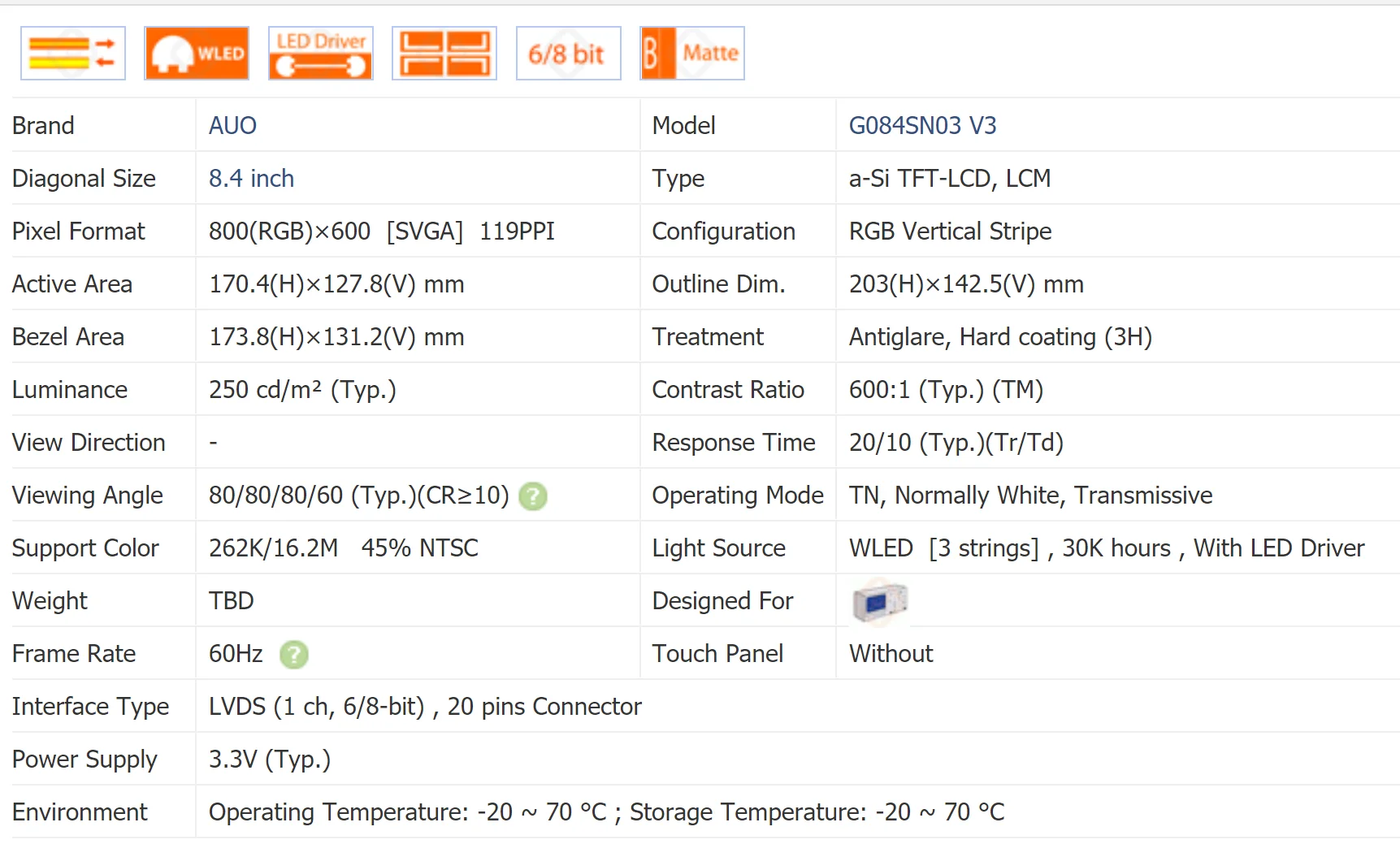 Écran LCD industriel de 8.4 pouces G084SN03 V3 G084SN03 V.3, neuf & A +, en stock, testé avant l'expédition