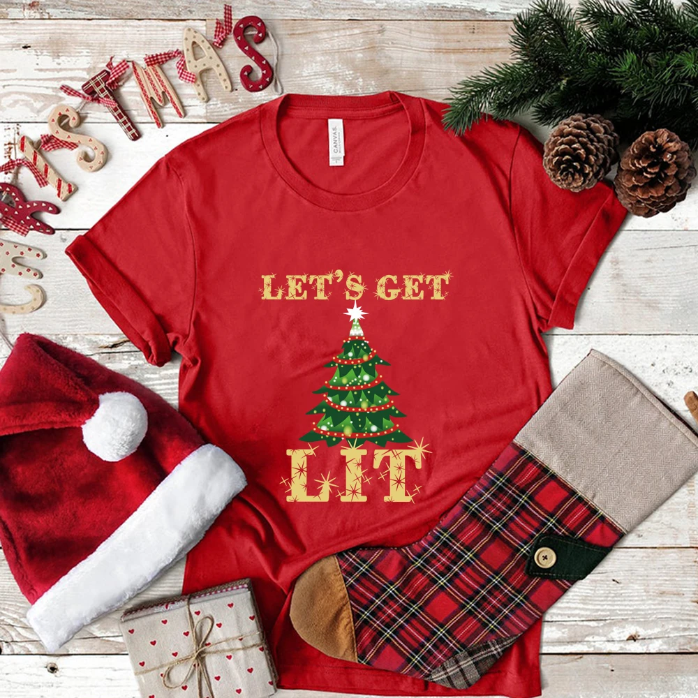 

Lets Get Lit Shirt Funny Christmas T-Shirt Christmas Tree Graphic Humor Holiday Tees Kawaii Santa Shirts Christmas Gift Tops