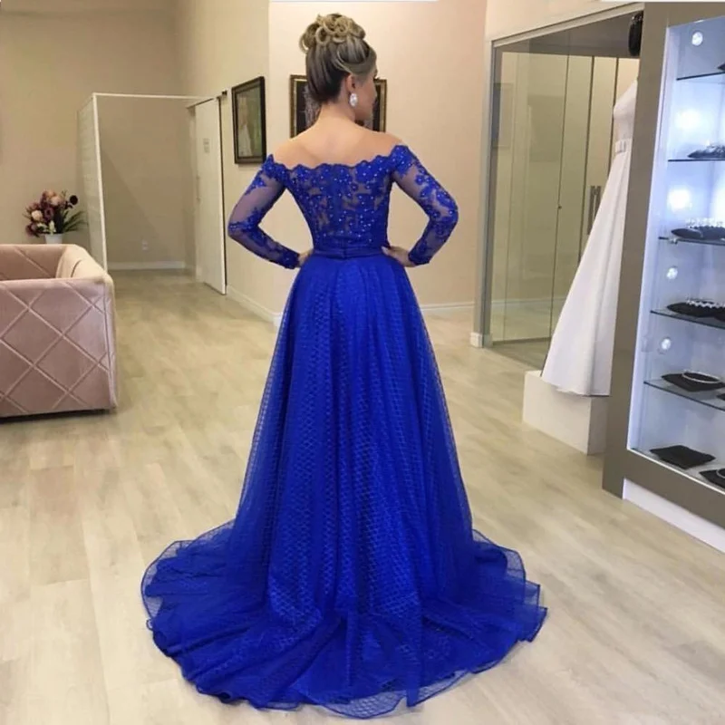 Royal Blue sukienki dla matki panny młodej Off The Shoulder z długim rękawem formalne suknie wieczorowe koronkowe frezowanie suknie dla matki na wesela