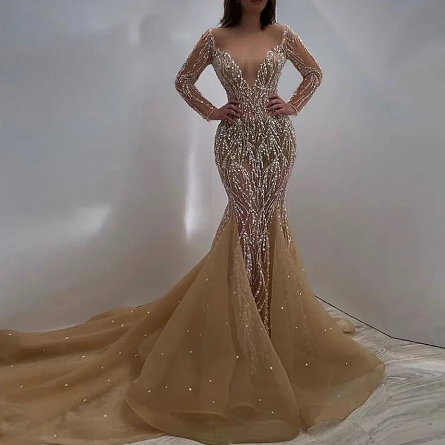 Luxus Kristall Perlen Meerjungfrau Prom Kleider Champagne Lange Prom Kleider Vollen Ärmeln Sexy Formale Kleid 2021 Vestidos