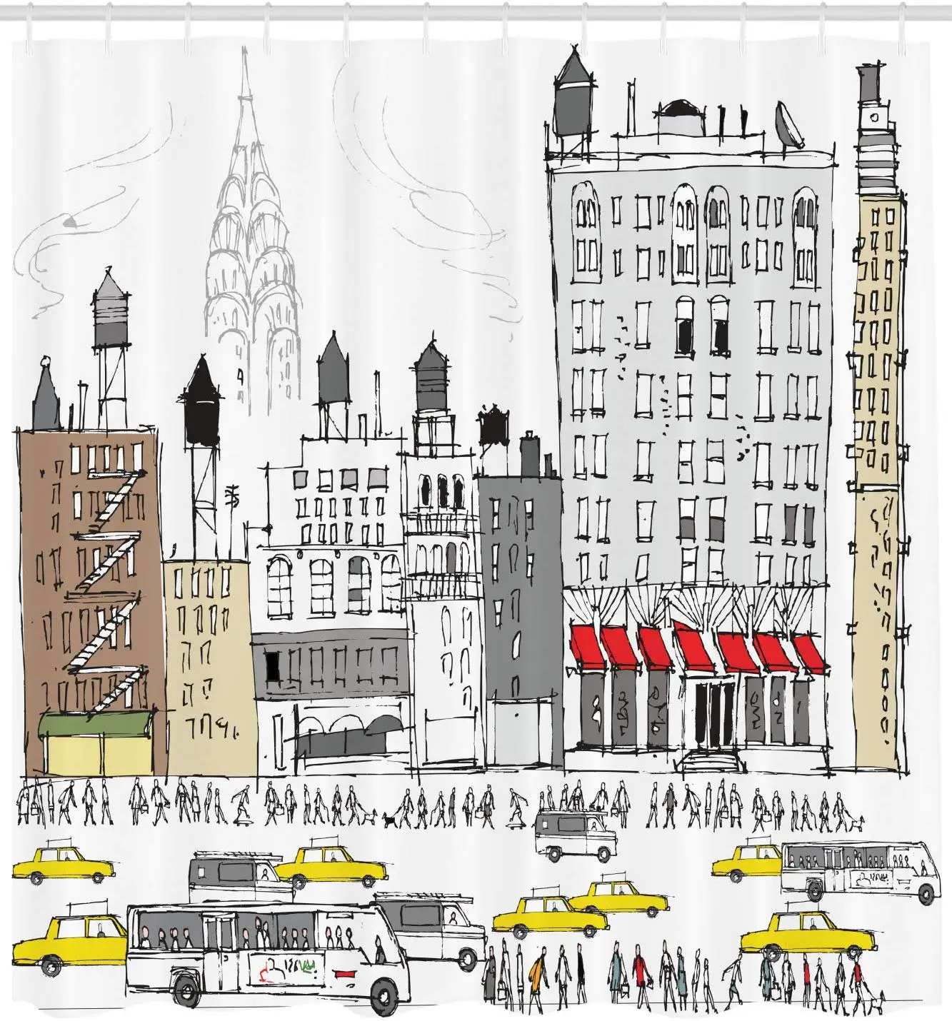 Busy City Traffic Jam Yellow Taxi Cab Urban Life Cartoon Design Modern Style Art Bathroom Decor