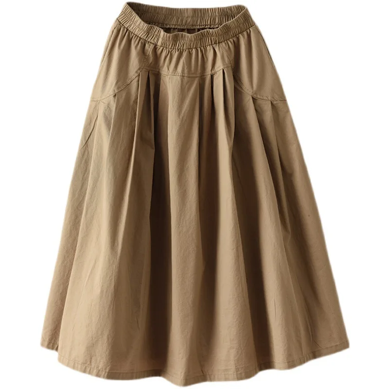 NINI WONDERLAND 2024 Spring Women Cotton Vintage A-line Pleated Midi Skirt Autumn Elastic Waist Casual Loose Skirt Mori Girls