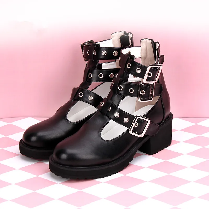 Chaussures Lolita Vintage à tête ronde avec fermeture éclair pour étudiant, souliers de grande aide, Style Punk