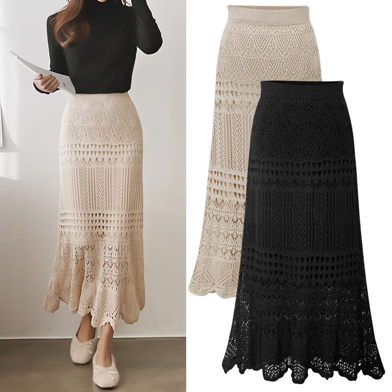 Korean 2024 New Women Knitting Long Skirts High Waist Flower Hollow Knitted Female Classic Loose Large Long Skirt