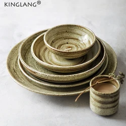 KINGLANG Japanese 2/4 Person Dinner Set Retro Matt Ceramic Dinner Plate Tableware Swallow Salad Food Plate Wholesale RUST Dish