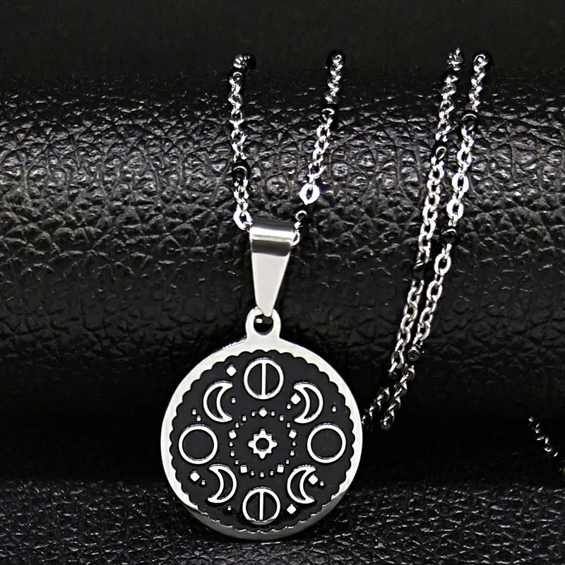 Fashion Lunar Cycle Moon Phase Stainless Steel Black Enamel Pendant Necklace Round Galaxy Necklace For Women Men Jewelry N2057-2
