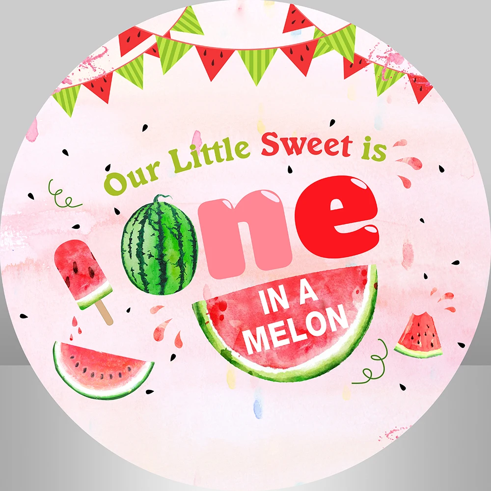 Our Little Sweet is One Birthday Party Decoration for Kids Round Backdrop Cover Candy Table Banner Watermelon Circle Background