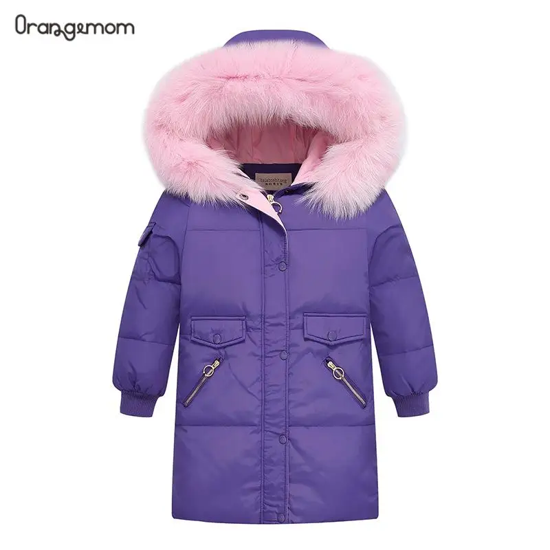 

Winter Children Clothes Duck Down Jacket Girls Long Style Wind Proof Thick Fur Collar With Hooded Outerwear Kids Snow Overalls