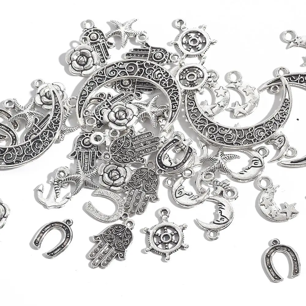 10-50pcs Silver Plated Mixed Styles Horseshoe Stars Moon Flower Charm Pendants for DIY Earring Necklace Bracelet Jewelry Making