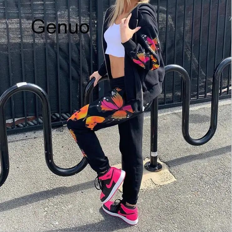 2020 Butterfly Print Casual Cargo Pants Women High Waist Straight Harem Pant Joggers Hip Hop Casual Loose Baggy Tactical Trouser