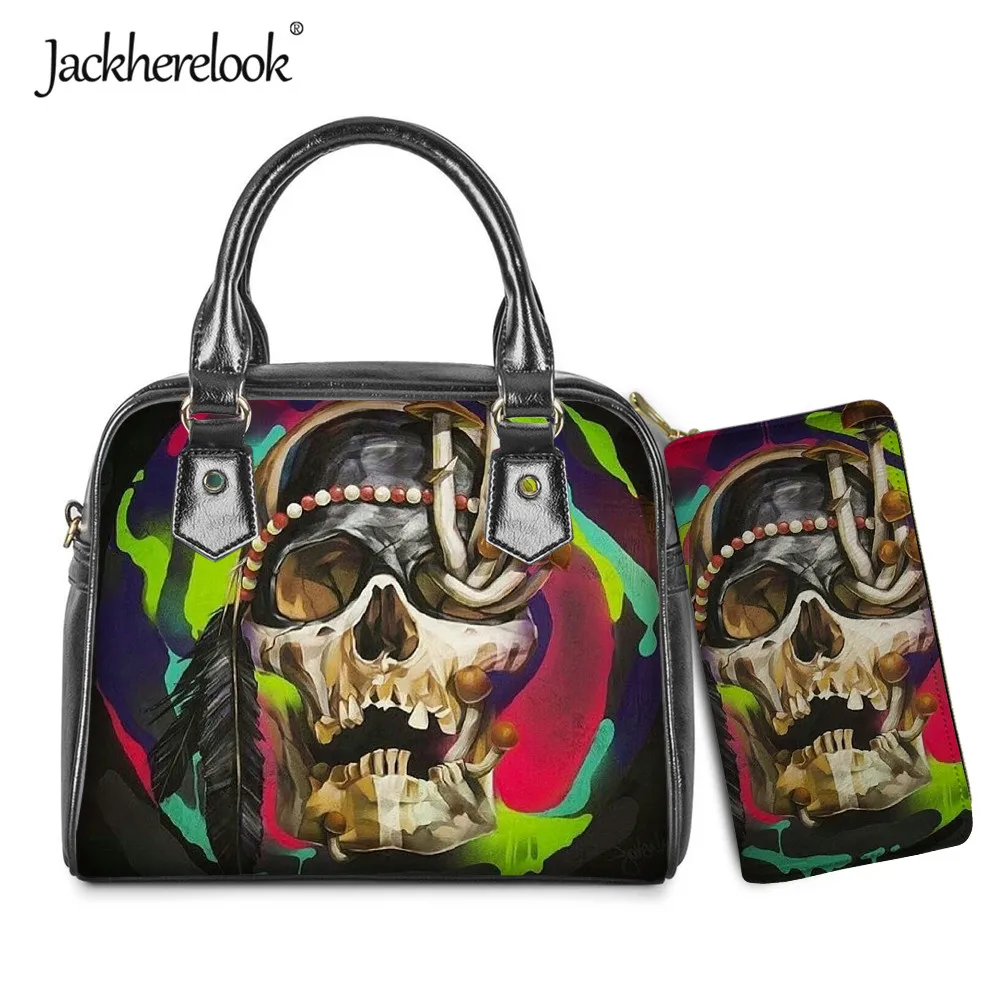 

Jackherelook Cool Skull Print Womens Luxury Handle Bag Clutch Wallet 2pcs/Set Female Shoulder Bag Purse for Lady bolsa feminina