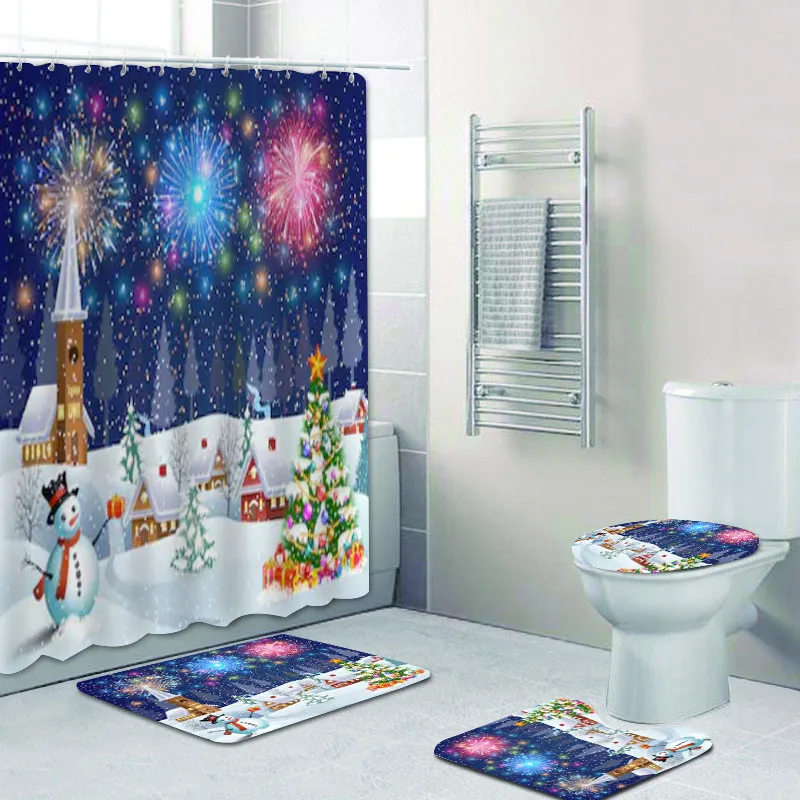 New Christmas Tree Fireworks Shower Curtain Bathroom Curtains Set Bath Mat Rug Carpet Snowy Christmas Night Landscape Home Decor