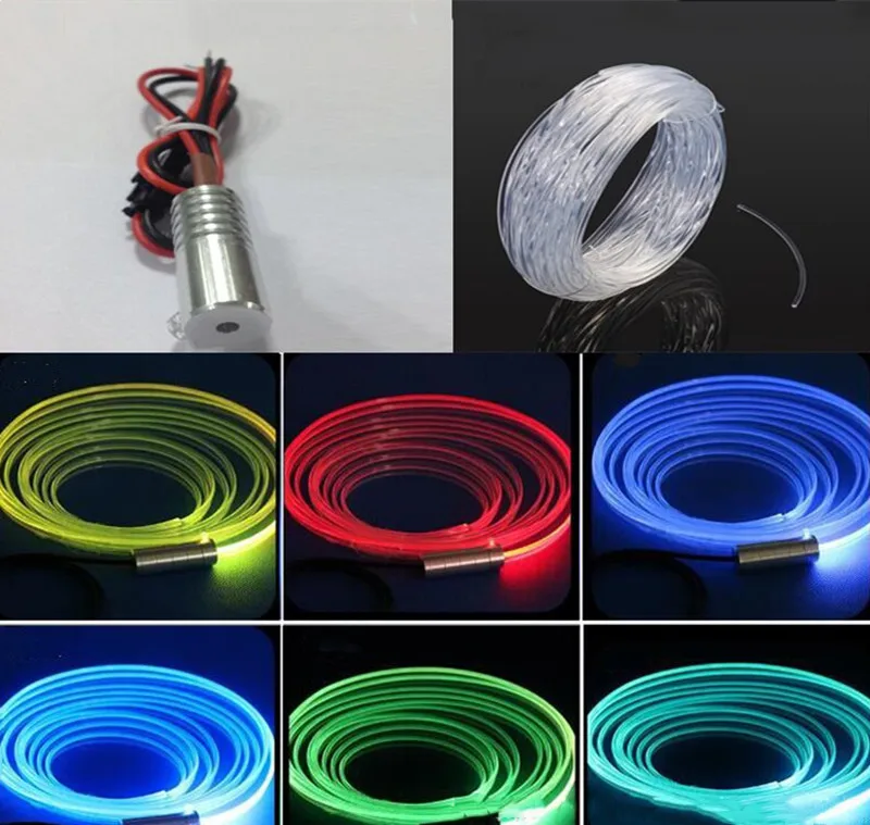 Óptica Fiber Cable Side Brilho com Mini LED Light, Fonte de alumínio, 2m, 3 milímetros de diâmetro, 12V, 3W, Iluminador, Motor, Casa, Carro, Atmosfera, DIY