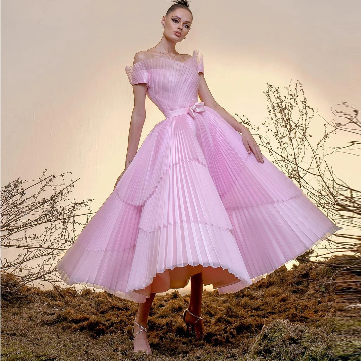 Fairy Baby Pink Off-The-Shoulder Sweetheart See-Through Prom Dress Bowknot Sash Ankle-Length Layered Mesh Ball Gown Formal Dress