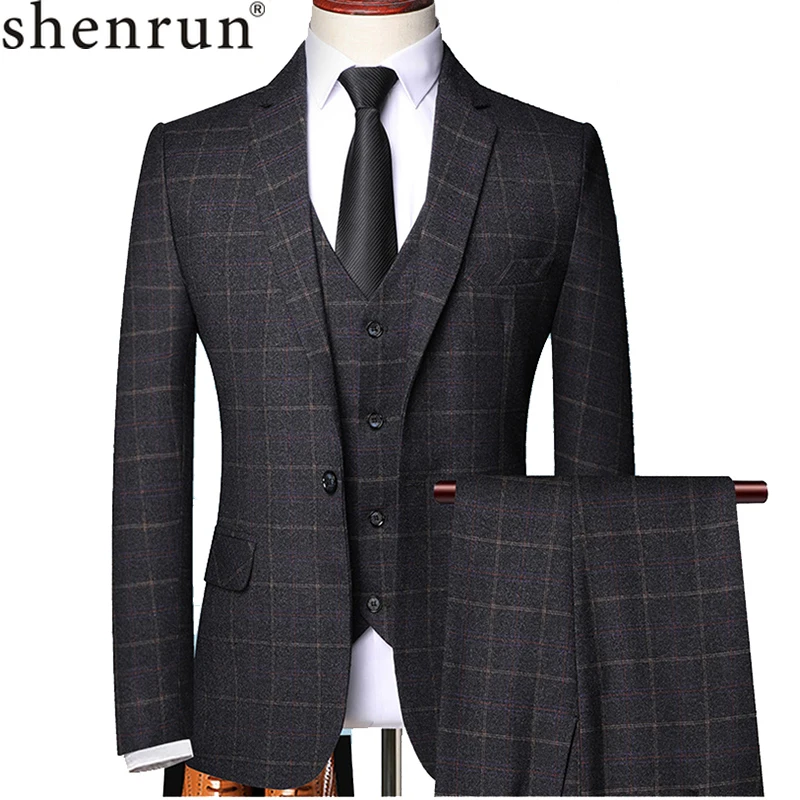 Shenrun Men 3 Pieces Suit Spring Autumn Plaid Slim Fit Business Formal Casual Check Suits Office Work Party Prom Wedding Groom