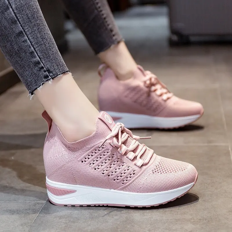 New Women Sock Shoes Platform Sneakers Breathable Mesh Height-increasing Lace up Chunky Shoes Female Casual Flats Walking Shoes9